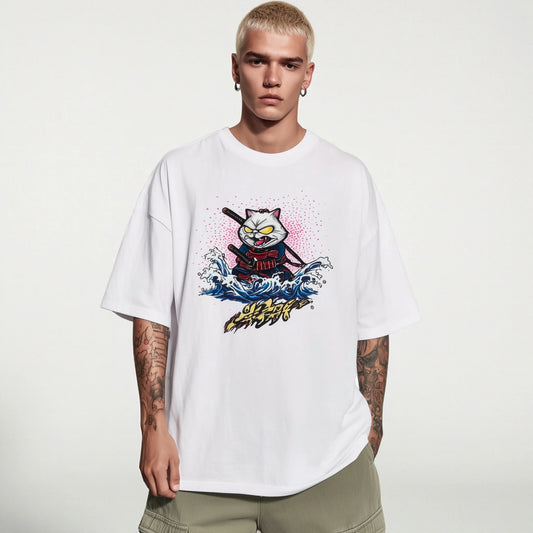 Trendy Tees For Man Oversized T-Shirt Cute Cat Samurai Print Casual Daily Wear