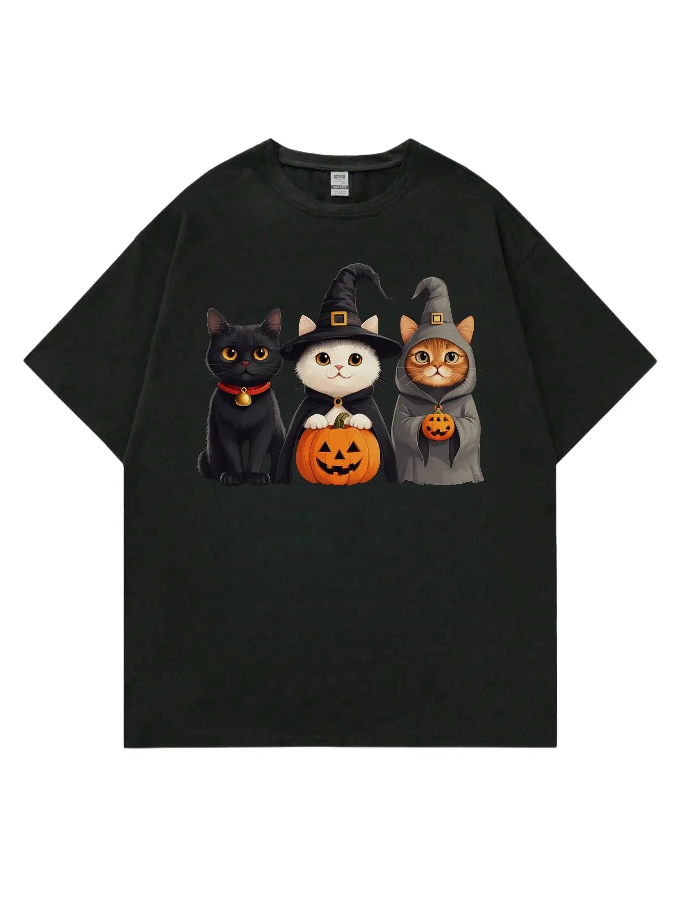 Halloween Loose Fit Short Sleeve Round Neck Casual Style T-Shirt Cat Print Comfortable Men's Top Fashionable Streetwear