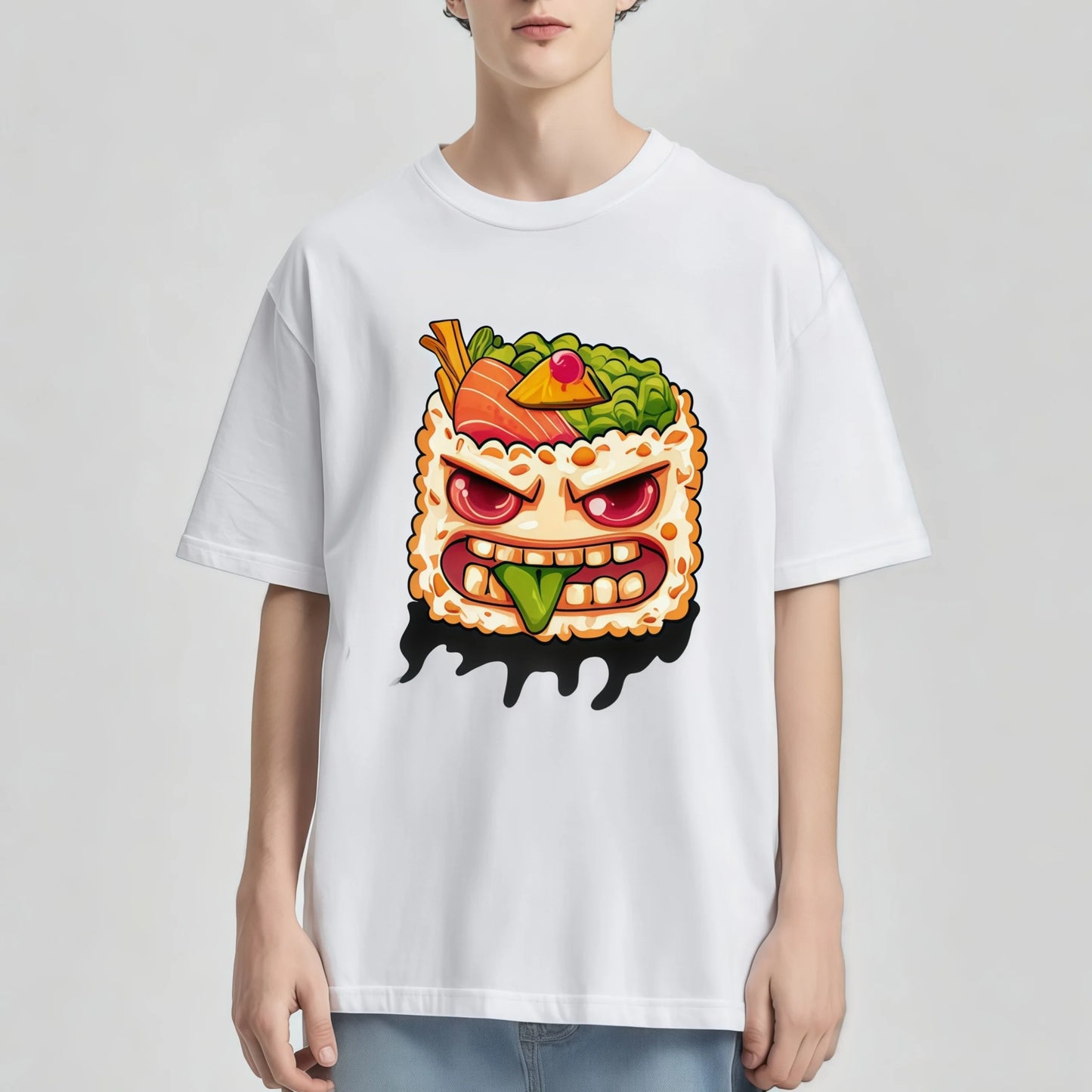 Pod Graphic Tees White Short Sleeve T-Shirt with Fun Food Monster Print for Casual Wear