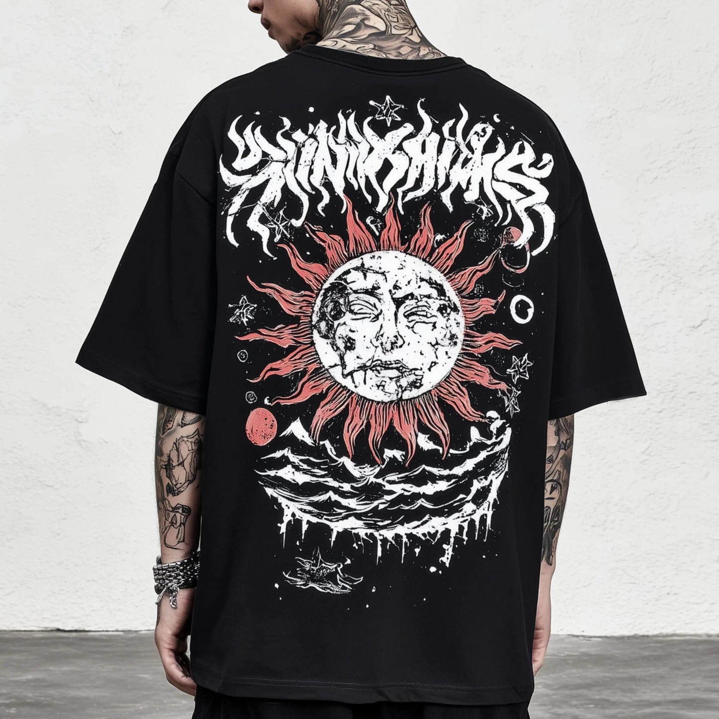 Trendy Tees For Man Oversized T-Shirt with Sun Moon Clouds and Abstract Art Print for Casual Streetwear