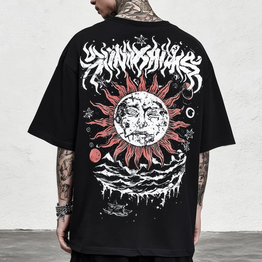 Trendy Tees For Man Oversized T-Shirt with Sun Moon Clouds and Abstract Art Print for Casual Streetwear