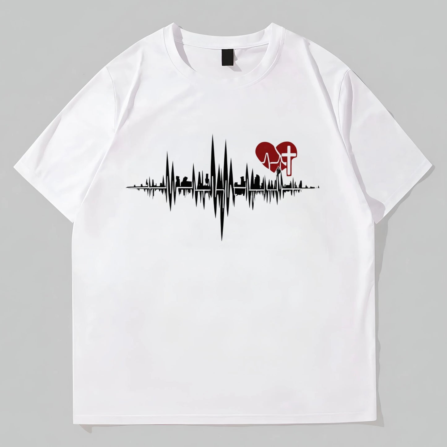 Trendy T-Shirt For Man White Round Neck T-Shirt with Heartbeat Cross Design for Casual Wear
