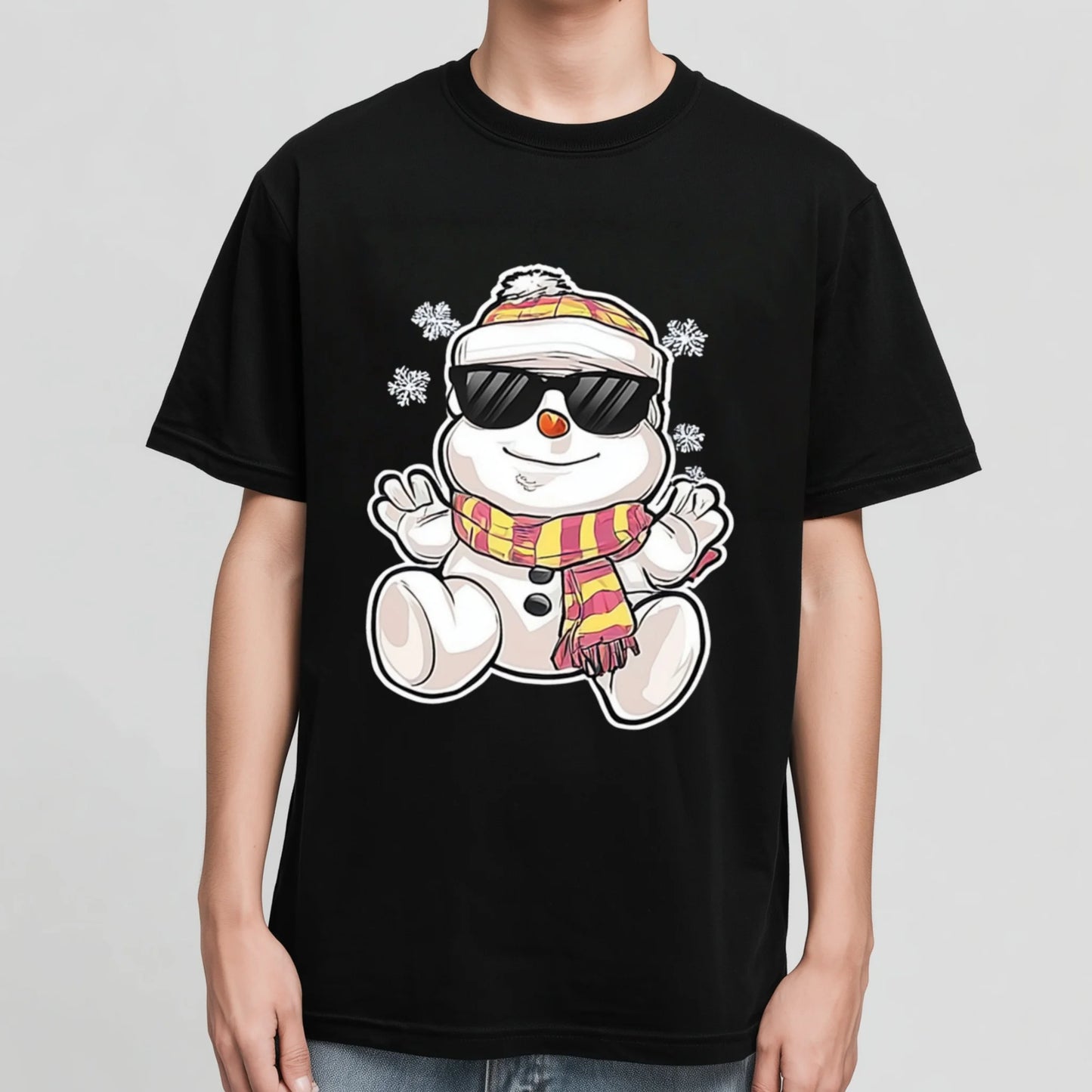 Fashion Tees 2025 Black T-Shirt with Cute Snowman Print for Winter Season