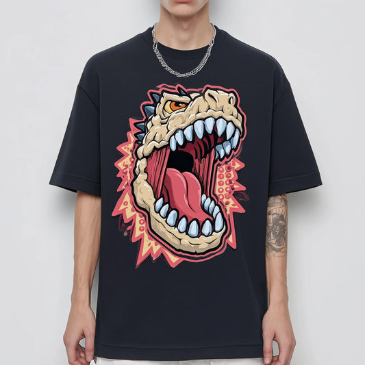 Trendy Tees For Man Casual T-Shirt with Dinosaur Mouth Graphic Print for Daily Wear