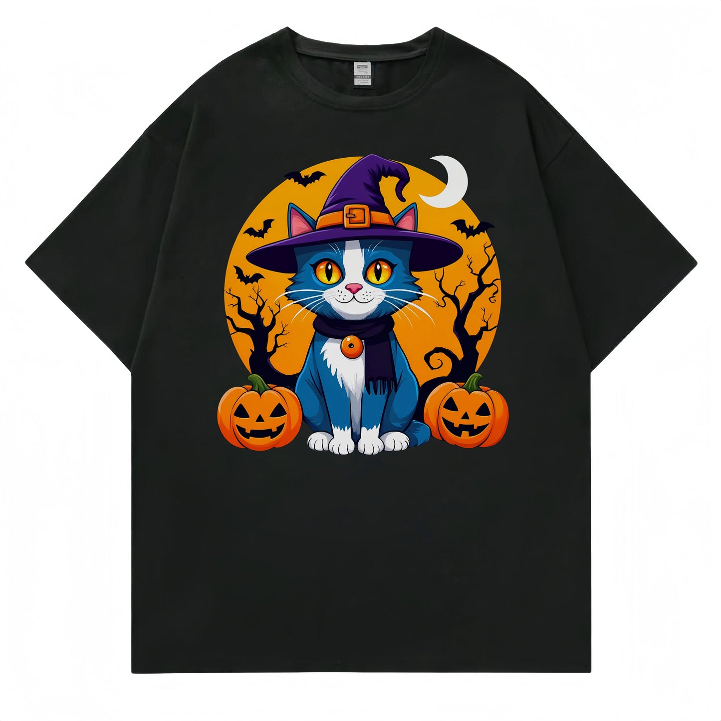 Black T Shirt with Cute Cat in Witch Hat and Pumpkins Print for Halloween Party Fashionable Graphic Tee for Men
