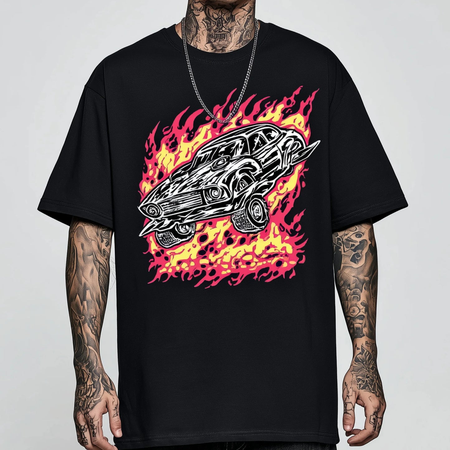 Trendy Tees For Man Short Sleeve T-Shirt Flame Car Graphic Print Casual Streetwear Daily Wear