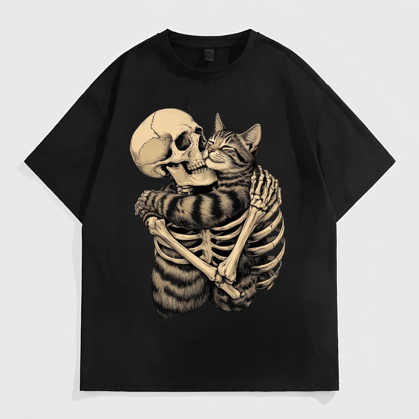 Black Short Sleeve T-Shirt with Skeleton Hugging Cat Print for Casual Wear Trendy Tees Trends