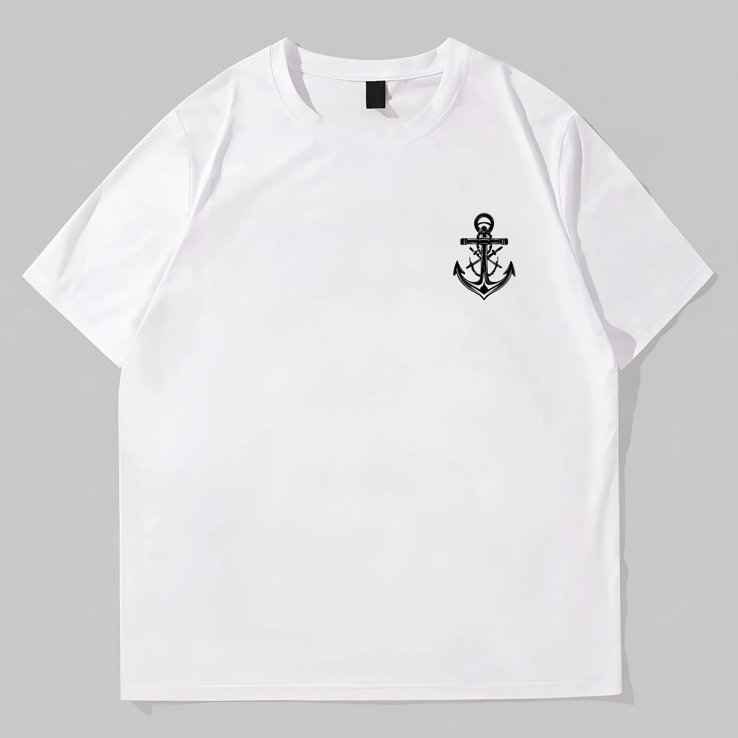 Trendy T-Shirt For Man White Round Neck T-Shirt with Anchor Embroidery for Casual Wear