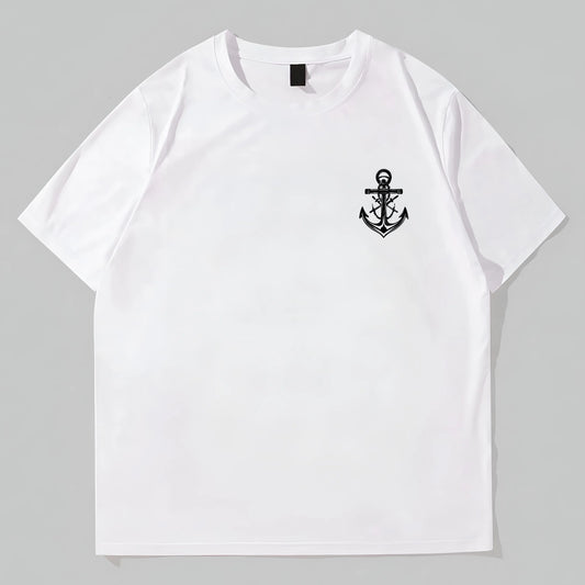 Trendy T-Shirt For Man White Round Neck T-Shirt with Anchor Embroidery for Casual Wear