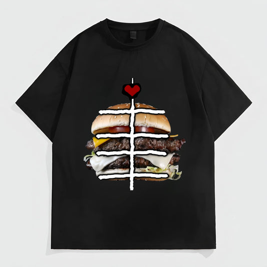 Trendy T-Shirt For Man Black Short Sleeve T-Shirt with Creative Hamburger Print for Casual Wear