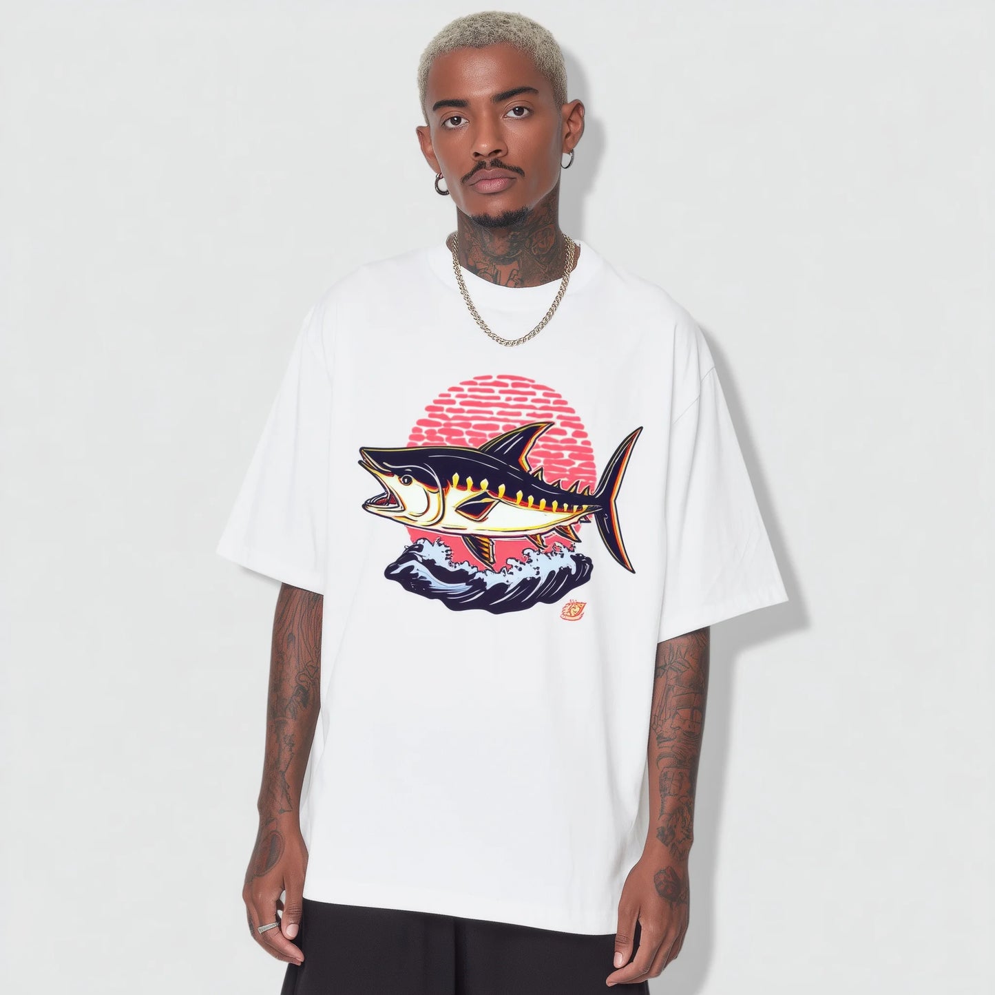 Trendy Tees For Man Casual T-Shirt Fish and Sun Print Daily Wear