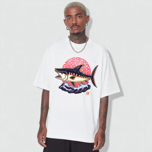 Trendy Tees For Man Casual T-Shirt Fish and Sun Print Daily Wear