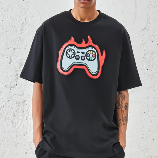 Trendy Tees For Man Short Sleeve T-Shirt Flame Game Controller Print Casual Daily Wear Gaming Apparel Top Quality Cotton Tee