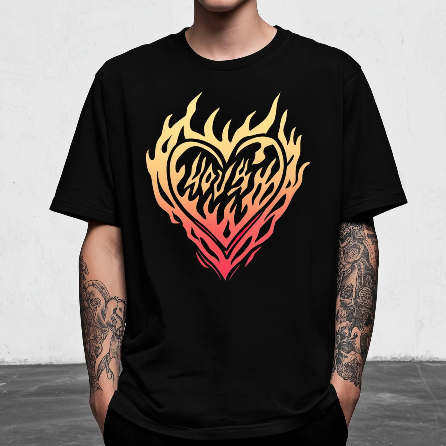 Trendy Tees For Man Short Sleeve T-Shirt Flame Heart Graphic Print Casual Daily Wear