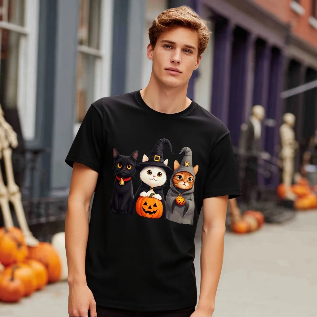 Men's Round Neck T Shirt Halloween Cats Pumpkin Print Casual Daily Wear Fashionable Graphic Tee for Men