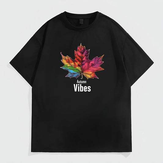 Men's Casual T-Shirt Colorful Maple Leaf Print Autumn Vibes Text Design for Daily Wear Graphic Fashion Tees For Man