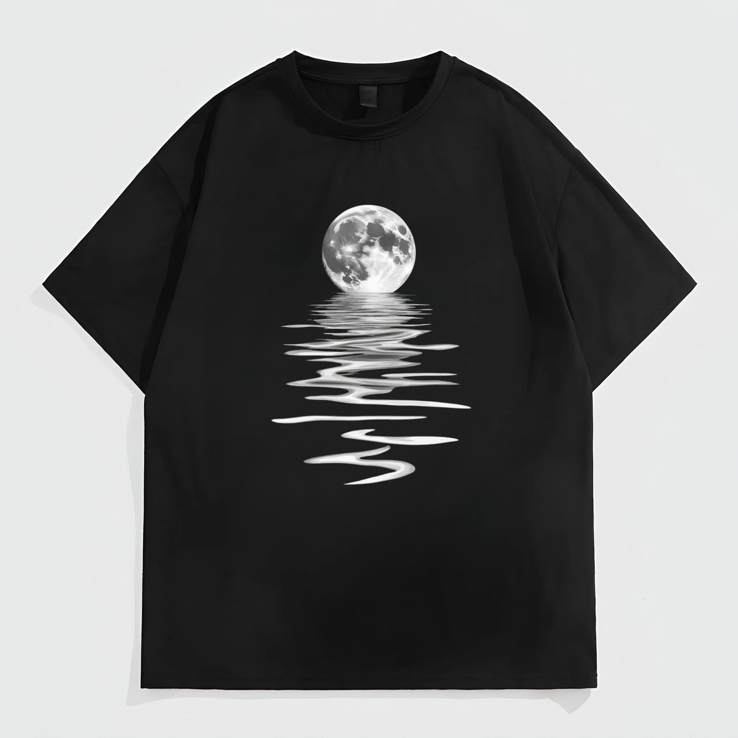 Black Oversized T-Shirt with Moon Reflection Print for Casual Wear Fashion Tees For Summer