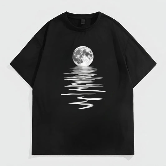 Black Oversized T-Shirt with Moon Reflection Print for Casual Wear Fashion Tees For Summer