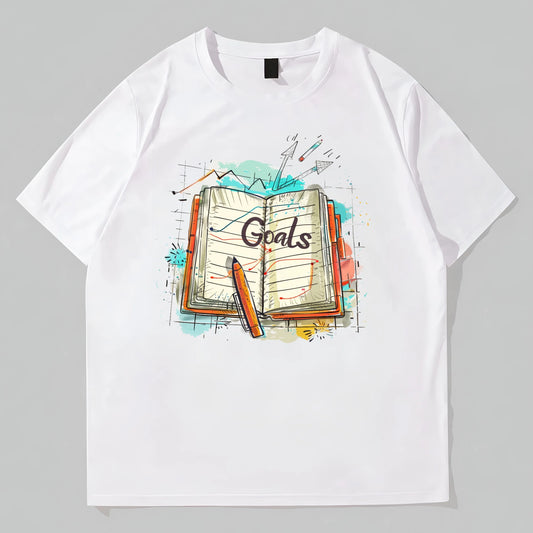 White Round Neck T-Shirt with Open Book Goals Print for Daily Wear POD Graphic Tees