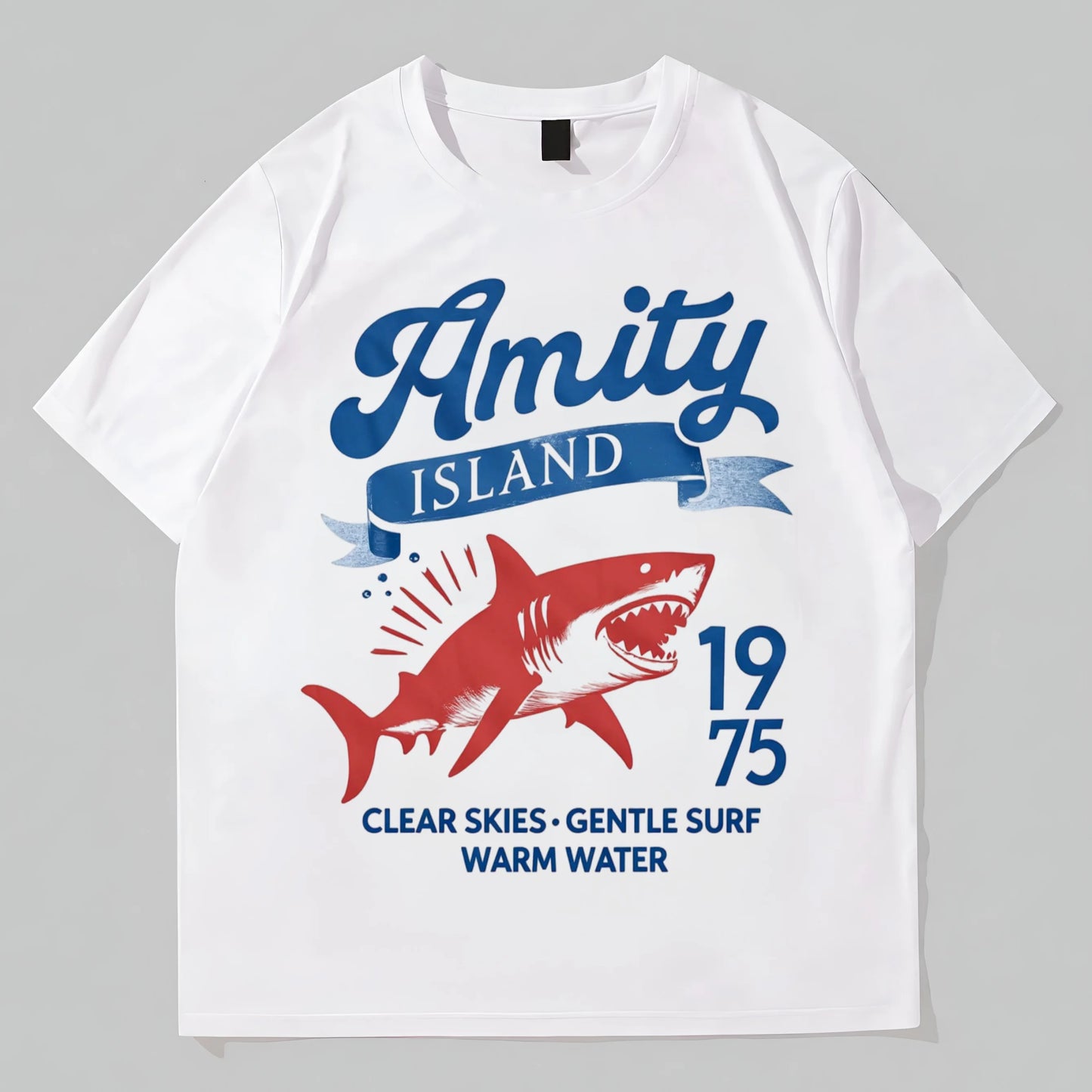 White T-Shirt with Shark and Island Graphic for Beachwear POD Graphic Tees