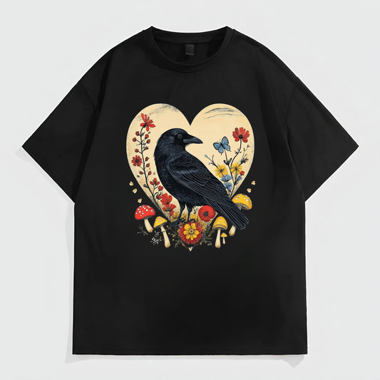 Black Short Sleeve T-Shirt with Heart and Crow Floral Print for Casual Wear Fashion Tees For Summer