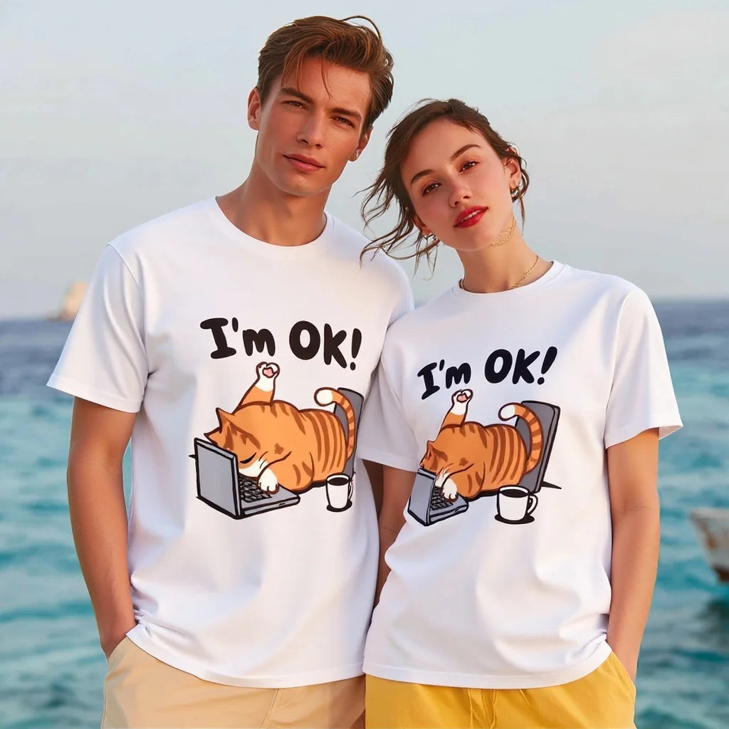 Couples T Shirts Cute Cat Sleeping on Laptop Print I'm OK Design for Beach Vacation Wear Graphic Tee For Summer 2025