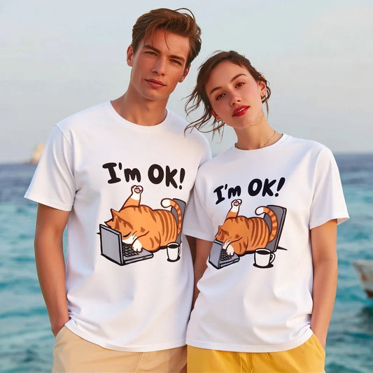 Couples T Shirts Cute Cat Sleeping on Laptop Print I'm OK Design for Beach Vacation Wear Graphic Tee For Summer 2025