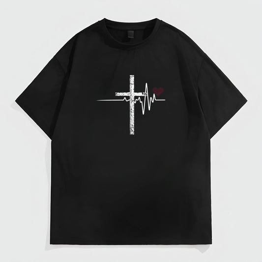 Trendy Tees for Men Men's Casual T-Shirt Cross Heartbeat Design Daily Wear