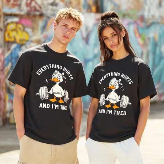 Couple T Shirts Duck Lifting Barbell Print Everything Hurts And I'm Tired Casual Wear for Daily Outdoor Activities Trendy Graphic Tee 2025