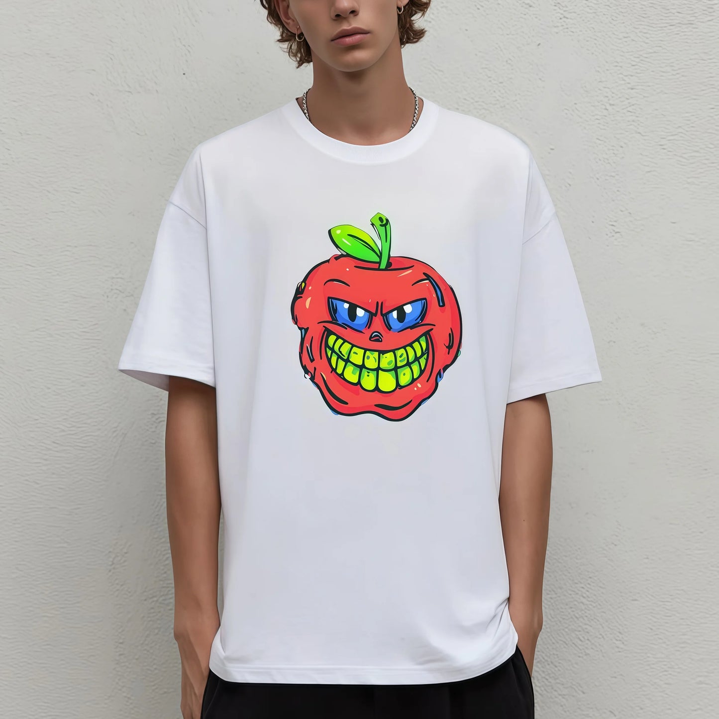 Trendy Tee Trends Men's Casual T-Shirt with Colorful Apple Face Print for Daily Wear