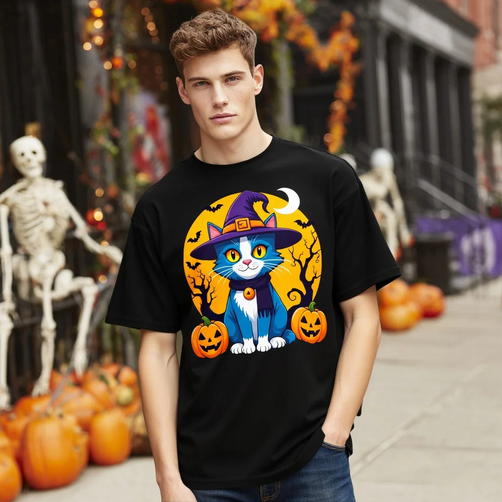 Black T Shirt with Cute Cat in Witch Hat and Pumpkins Print for Halloween Party Fashionable Graphic Tee for Men