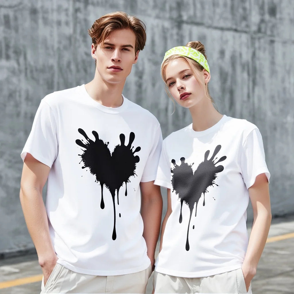 Couples T Shirts Black Heart Drip Print Casual Wear for Daily Outdoor Activities Graphic Tee For Summer 2025