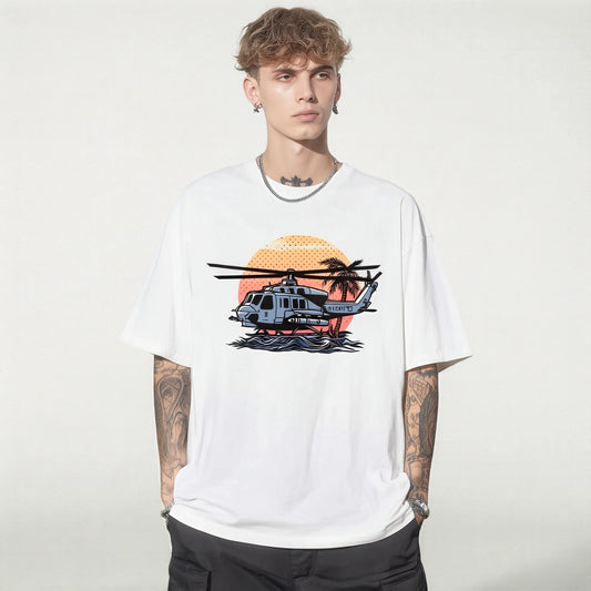 Trendy Tees For Man Short Sleeve T-Shirt Helicopter Sunset Graphic Print Casual Daily Wear