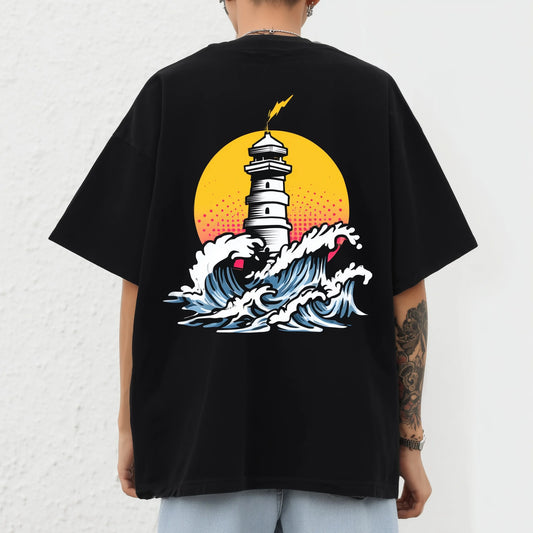 Trendy Tees For Man Oversized T-Shirt Lighthouse Sunset Waves Print Casual Daily Wear Summer Beach Style Graphic Tee