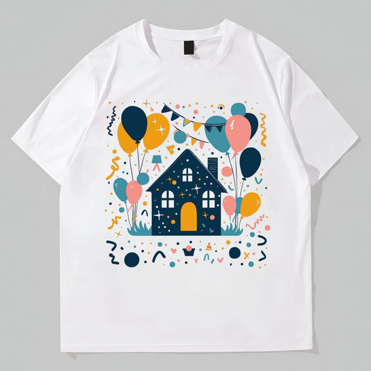 Cute Round Neck T-Shirt with Colorful House and Balloons Print for Casual Wear Graphic Tees Design