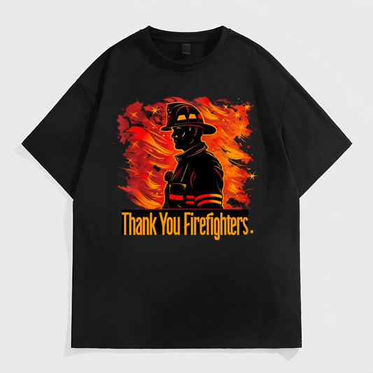 Men's Casual T-Shirt Firefighter Silhouette with Flame Background and Thank You Firefighters Text for Daily Wear Fashion Tees For Summer
