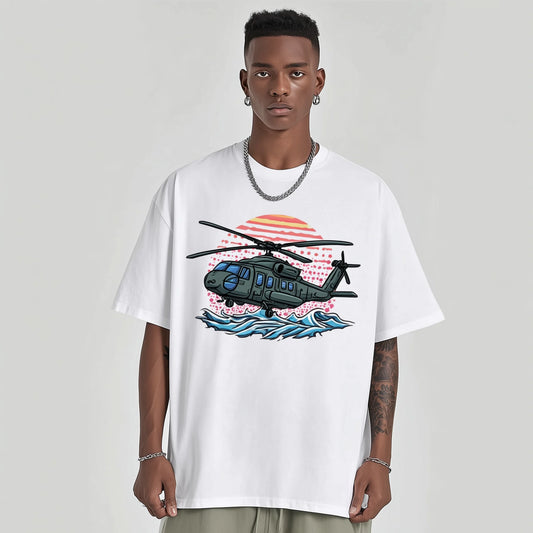 Trendy Tees For Man Oversized T-Shirt Helicopter Sunset Graphic Print Casual Daily Wear