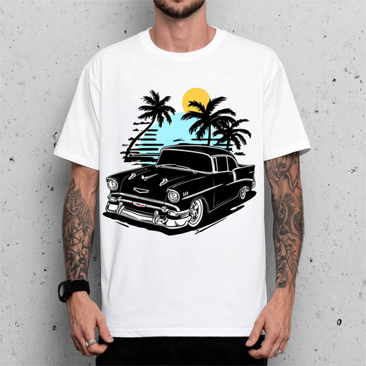 Trendy Tees For Man Short Sleeve T-Shirt Classic Car and Palm Trees Print Summer Beachwear