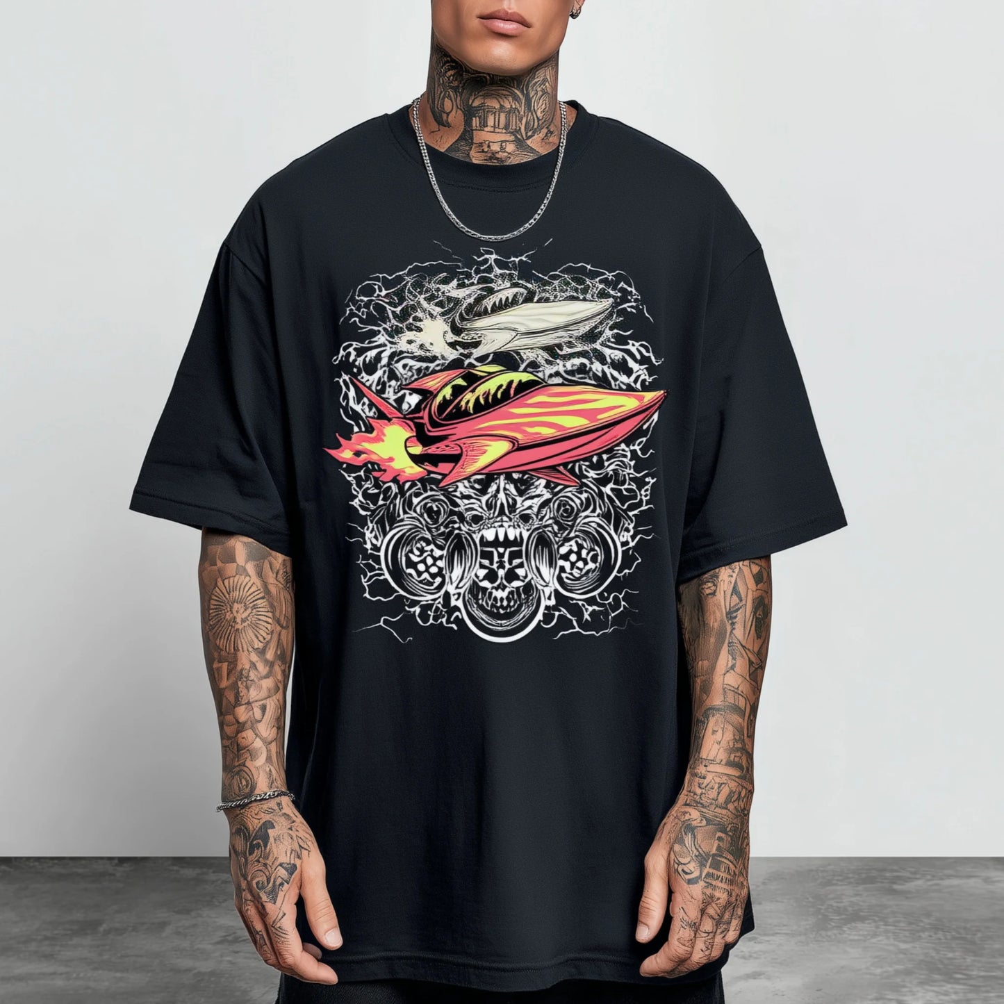 Trendy Tees For Man Oversized T-Shirt with Dragon and Flames Graphic Print for Casual Wear