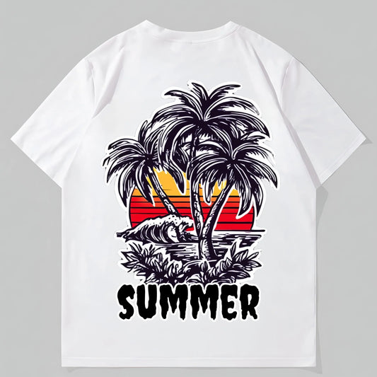 Fashion Tees For Summer Summer T-Shirt Palm Tree Sunset Print Beachwear for Men Women Casual Short Sleeve Tee Vacation Travel Outfit