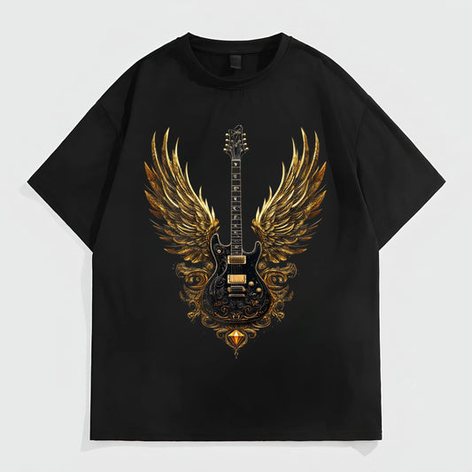 Men's Short Sleeve T-Shirt Golden Wings Guitar Print Casual Daily Wear Graphic Tees Design