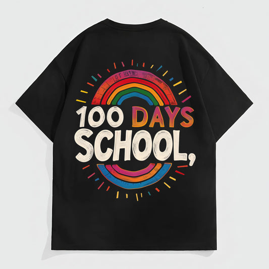 Black Short Sleeve T-Shirt with Colorful Rainbow and 100 DAYS SCHOOL Print for School Events Trendy Tees For Men