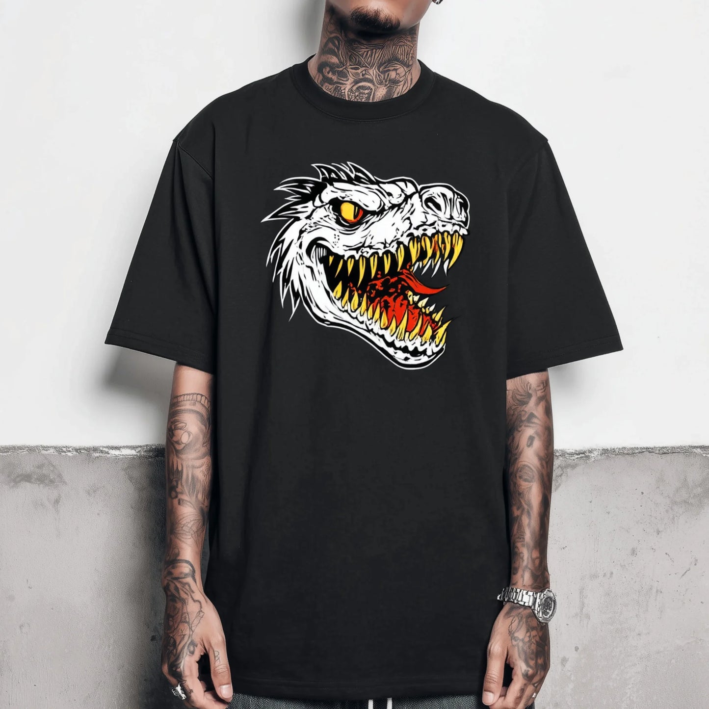Trendy Tees For Man Short Sleeve T-Shirt Dragon Head Print Casual Streetwear