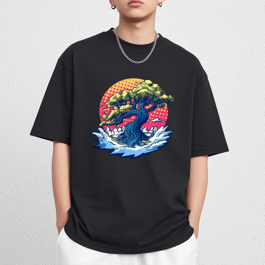 Trendy T-shirt For Man Casual T-Shirt Bonsai Tree Sunset Print Daily Wear