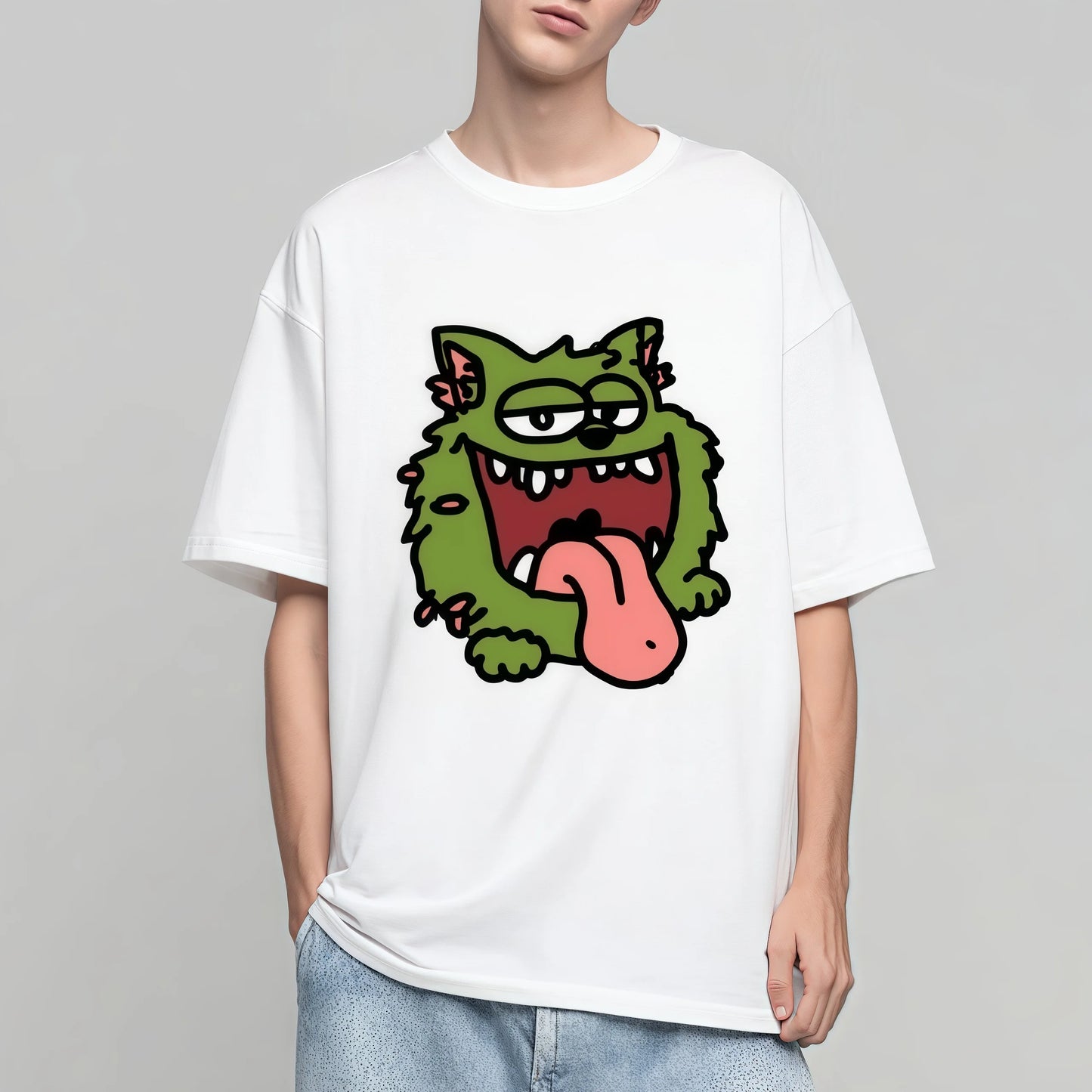 Trendy Tee Shirts Casual Short Sleeve T-Shirt with Green Monster Print for Daily Wear