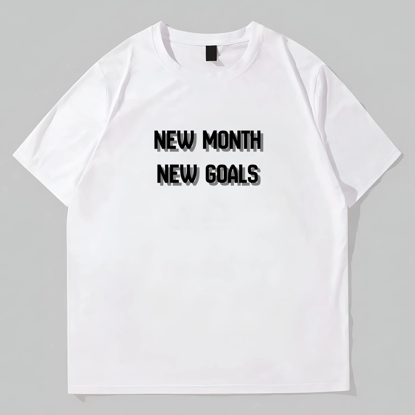 Simple Round Neck T-Shirt with NEW MONTH NEW GOALS Text Print for Casual Wear Graphic Tees Design