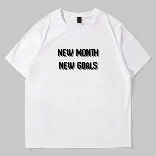 Simple Round Neck T-Shirt with NEW MONTH NEW GOALS Text Print for Casual Wear Graphic Tees Design