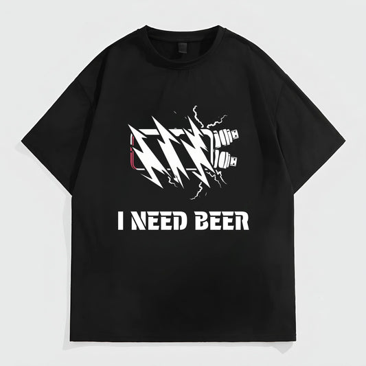 Fashion Tees for Summer Men's Casual T-Shirt Lightning Bolt Design I NEED BEER Print for Party and Daily Wear