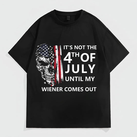 Graphic Tees Boutique Black T-Shirt with Skull and Flag Print It's Not the 4th of July Until My Wiener Comes Out for Casual Wear