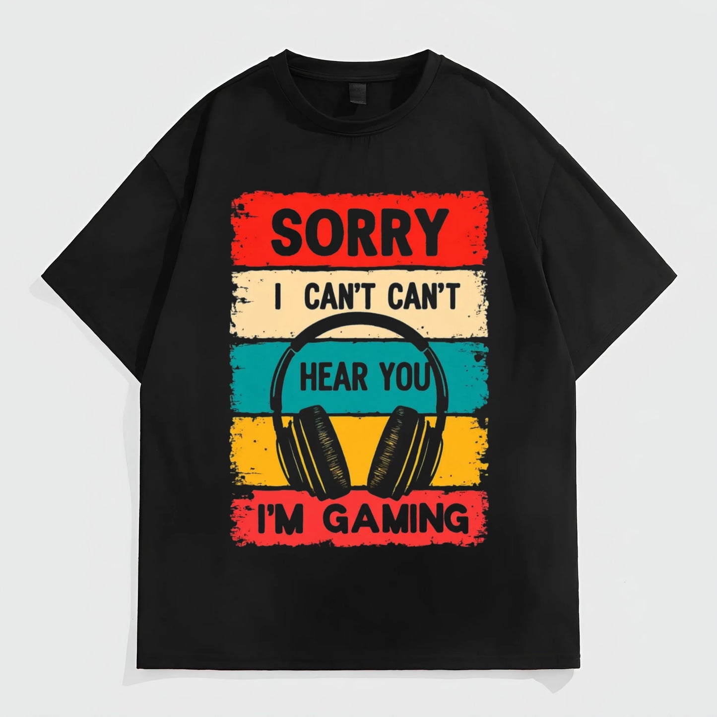Black Short Sleeve T-Shirt with Sorry I Can't Hear You I'm Gaming Text and Headphone Graphic for Casual Wear Fashion Tees For Summer